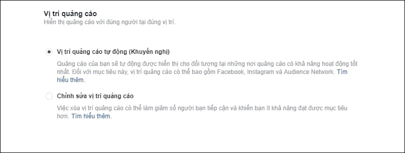 Lựa chọn những vị trí quảng cáo Facebook mong muốn